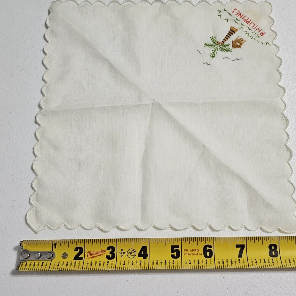 Vintage Handkerchief Hankie Philippines Stitched Straw Hut Bull Ox Palm Tree - Picture 12 of 13